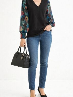 Chico's Black V-Neck Blouse with Floral Sheer Sleeves
